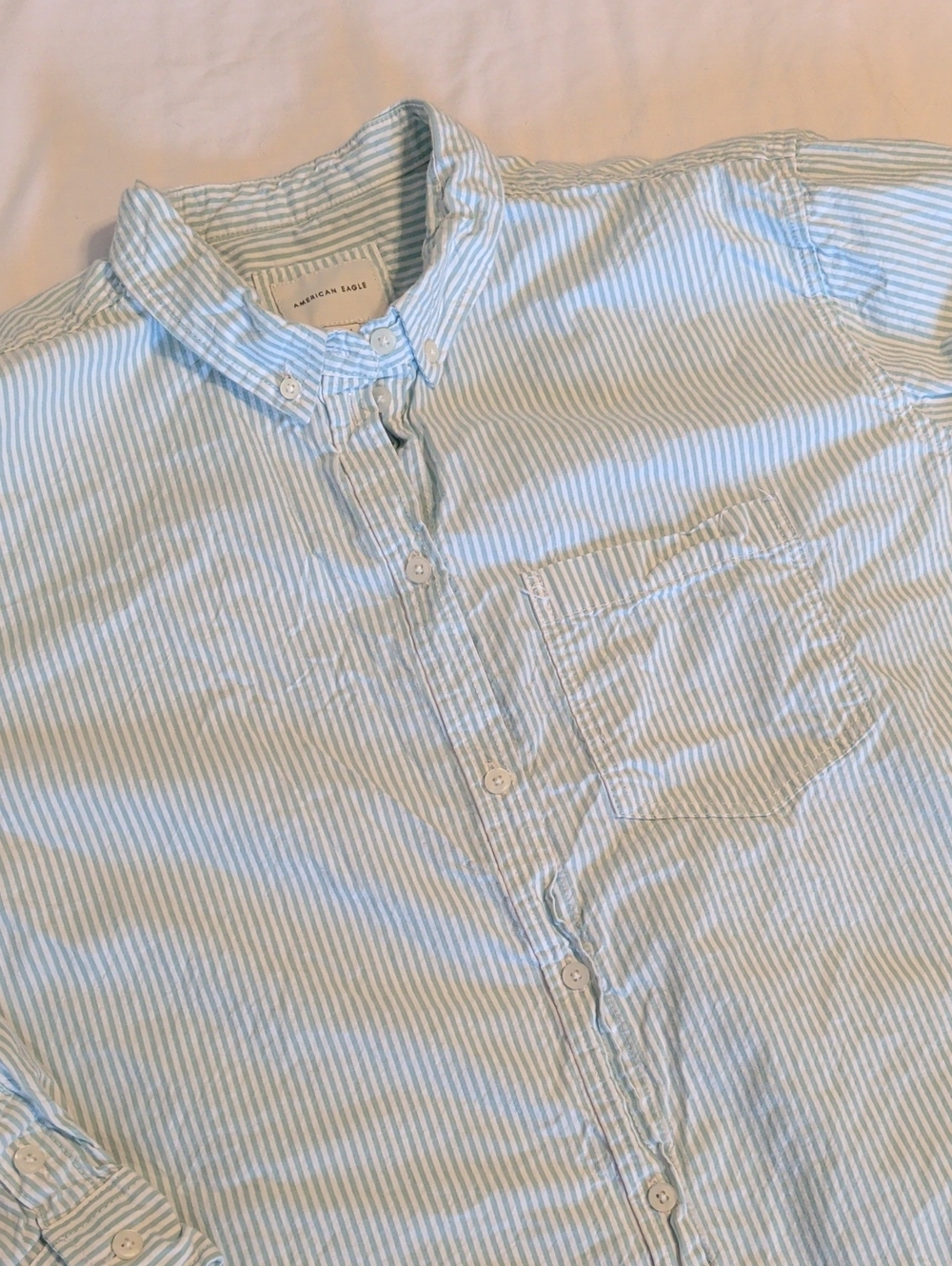 American Eagle Outfitters Light Green and White Striped Button-Down Shirt